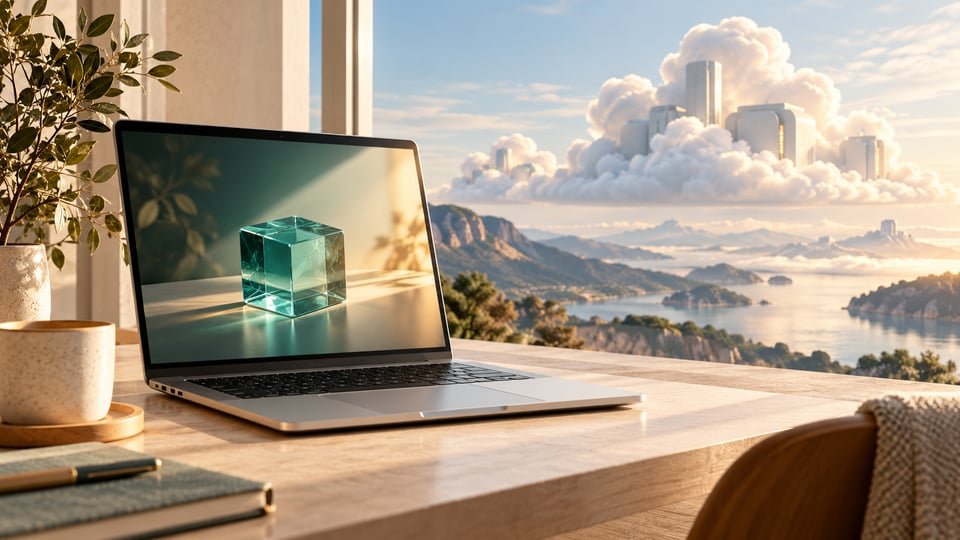 Laptop and a distant cloud form, illustrating local and remote computation conceptually.
