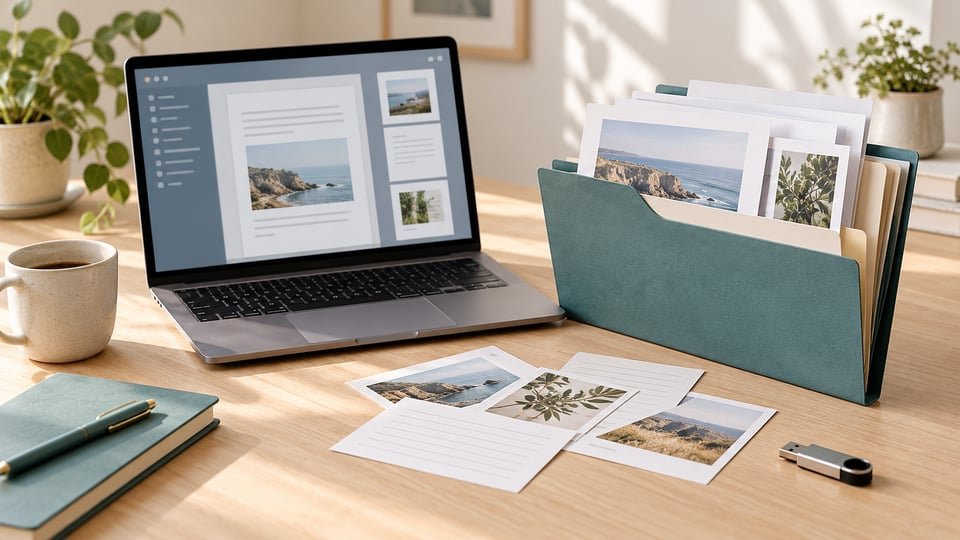 Laptop, document folder and loose notes: conceptual artwork about app exports.