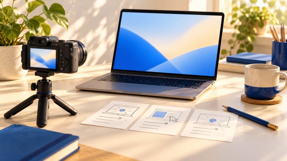 Laptop, camera and storyboard cards: conceptual artwork about planning a walkthrough.